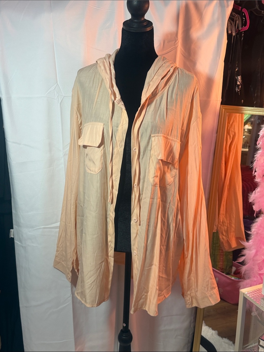 SHEIN Light Peach Hooded Button-Front Utility Jacket